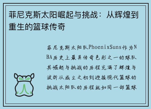 菲尼克斯太阳崛起与挑战：从辉煌到重生的篮球传奇