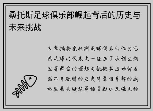桑托斯足球俱乐部崛起背后的历史与未来挑战